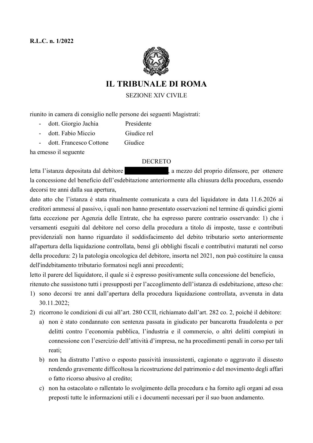 Esdebitazione — Esdebitazione anticipata nella liquidazione controllata: il Tribunale di Roma libera dai d