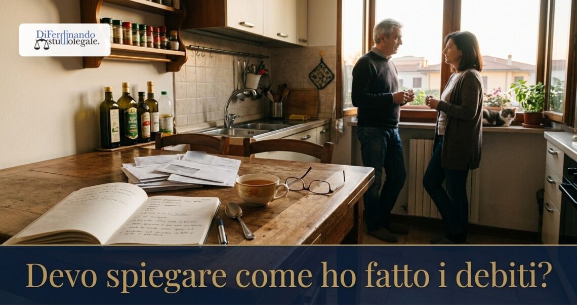 Cause dell'indebitamento: una coppia parla in cucina, sul tavolo un quaderno con la storia dei debiti e le buste delle lettere