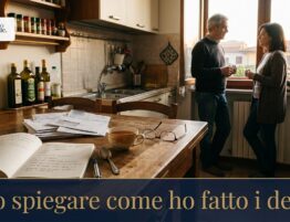 Cause dell'indebitamento: una coppia parla in cucina, sul tavolo un quaderno con la storia dei debiti e le buste delle lettere