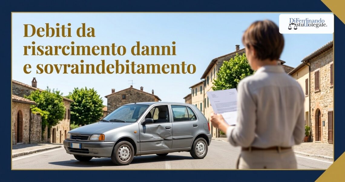 Debiti da risarcimento danni e sovraindebitamento: auto ammaccata e persona di spalle con una lettera