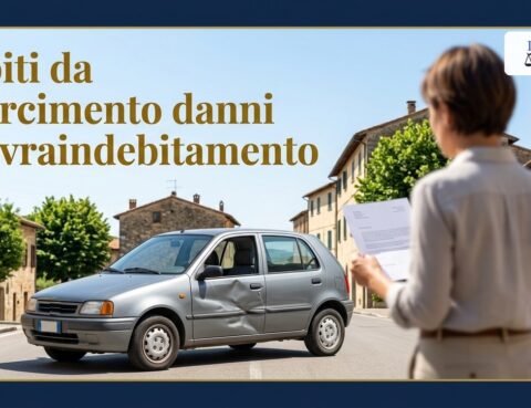 Debiti da risarcimento danni e sovraindebitamento: auto ammaccata e persona di spalle con una lettera