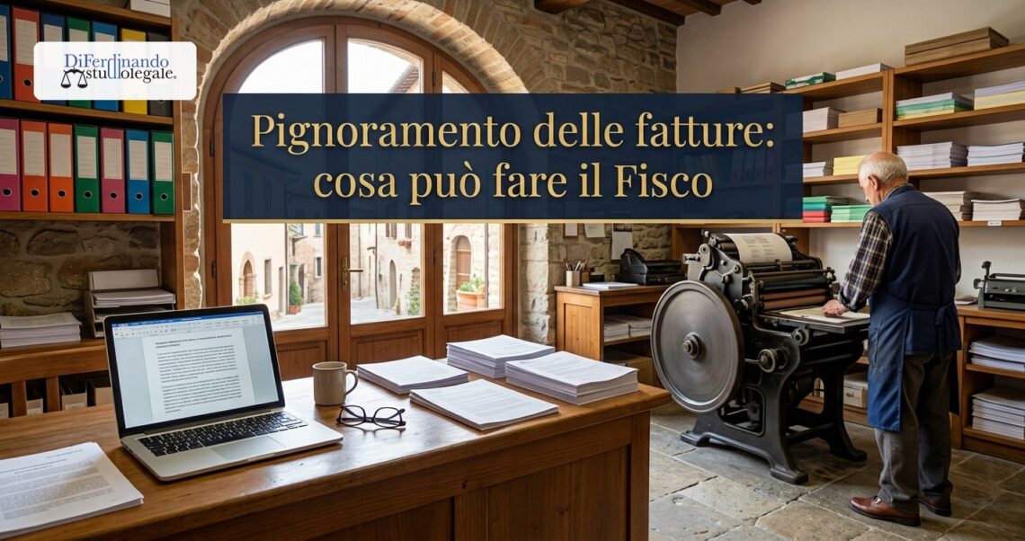 Pignoramento delle fatture: tipografo nella sua bottega accanto alla macchina da stampa, sul bancone il portatile e le fatture stampate