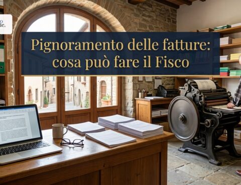 Pignoramento delle fatture: tipografo nella sua bottega accanto alla macchina da stampa, sul bancone il portatile e le fatture stampate