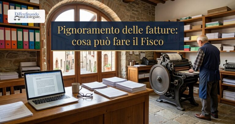 Pignoramento delle fatture: tipografo nella sua bottega accanto alla macchina da stampa, sul bancone il portatile e le fatture stampate