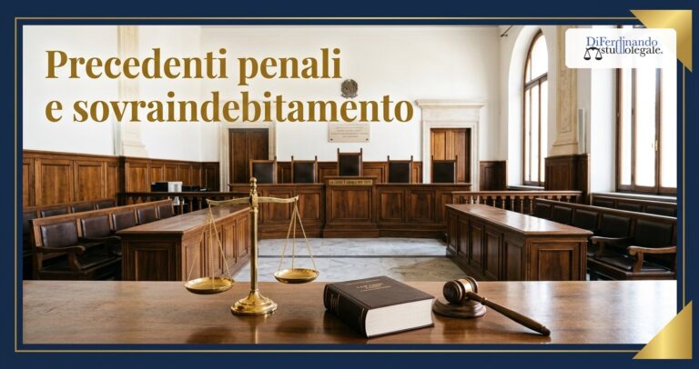 Aula di tribunale vuota con bilancia della giustizia, codice e martelletto: precedenti penali e sovraindebitamento