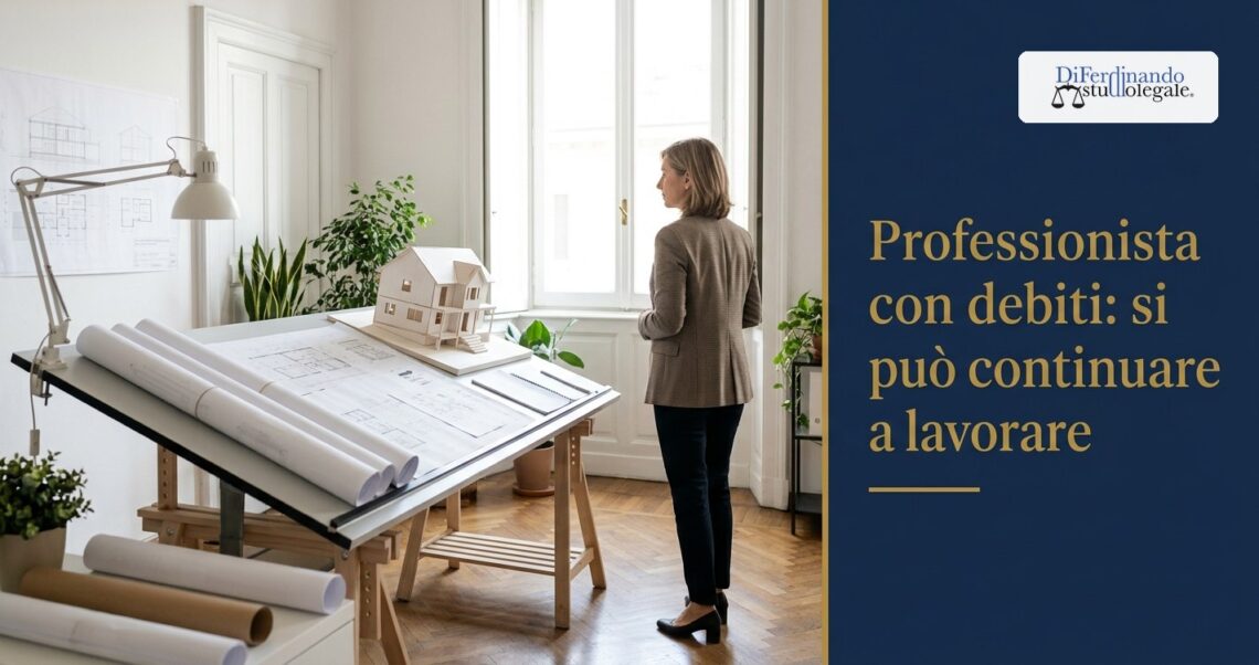 Professionista con debiti: architetta nel suo studio accanto al tavolo da disegno con il plastico di una casa