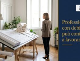 Professionista con debiti: architetta nel suo studio accanto al tavolo da disegno con il plastico di una casa