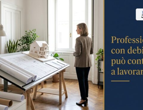 Professionista con debiti: architetta nel suo studio accanto al tavolo da disegno con il plastico di una casa