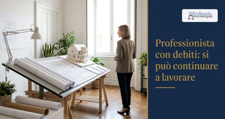 Professionista con debiti: architetta nel suo studio accanto al tavolo da disegno con il plastico di una casa