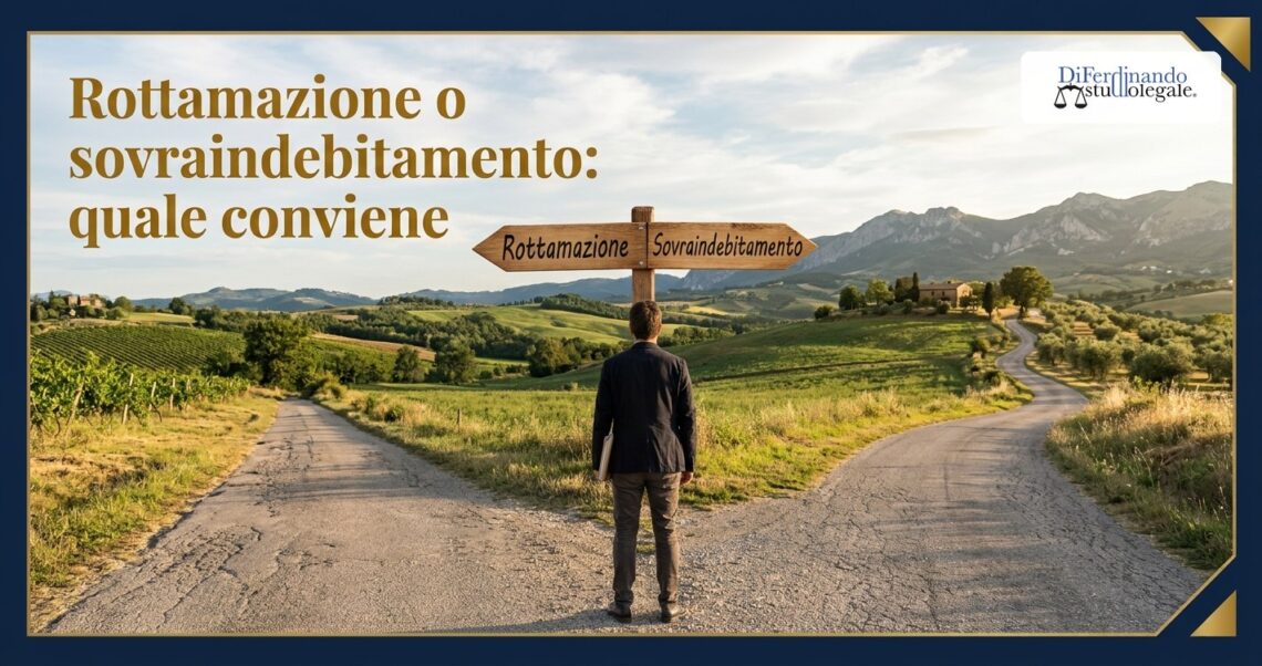 Rottamazione quinquies o sovraindebitamento: una persona davanti a un bivio con due cartelli, Rottamazione e Sovraindebitamento