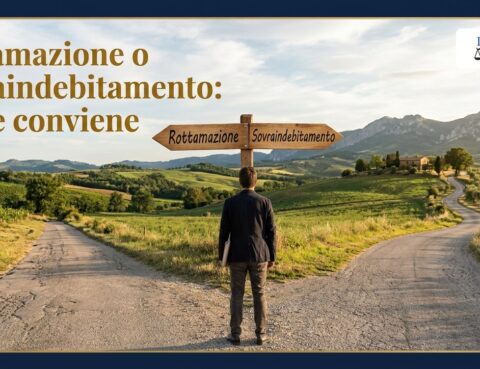 Rottamazione quinquies o sovraindebitamento: una persona davanti a un bivio con due cartelli, Rottamazione e Sovraindebitamento