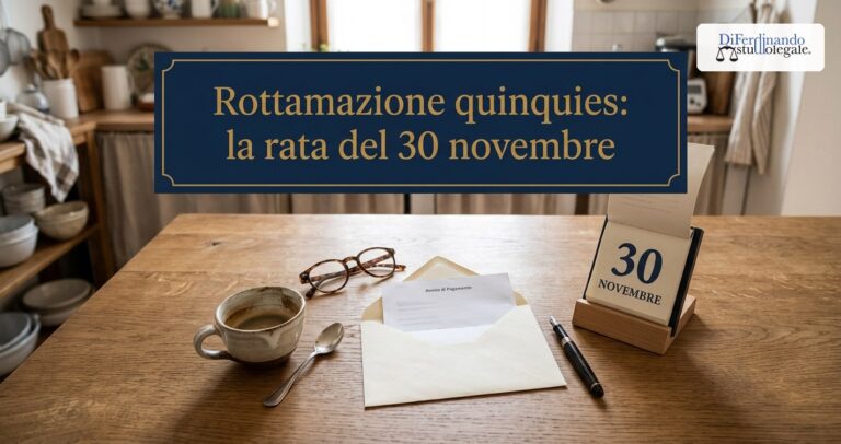 Rottamazione quinquies, la rata del 30 novembre: tavolo di cucina con un calendario aperto sul 30 novembre, una busta con un avviso di pagamento e una tazza di caffè