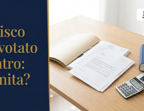 Voto contrario del Fisco nel concordato minore: scrivania con un fascicolo, una lettera e una calcolatrice