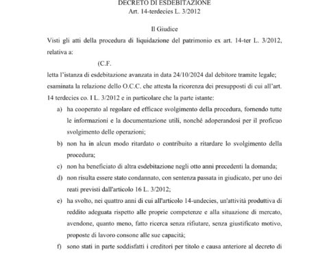 Decreto di esdebitazione anonimizzato – perso il lavoro e pieno di debiti