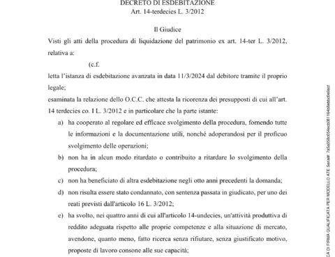 Decreto di esdebitazione anonimizzato – casa all'asta e debiti