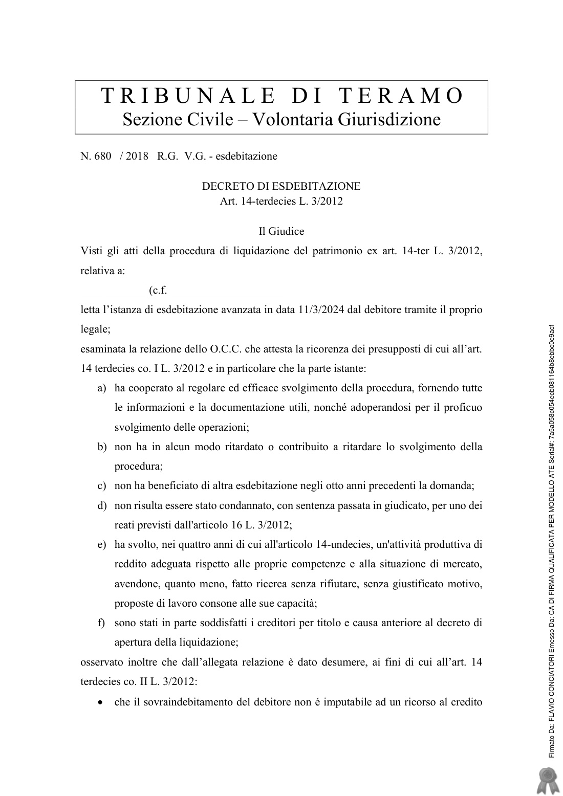 Decreto di esdebitazione anonimizzato – casa all'asta e debiti